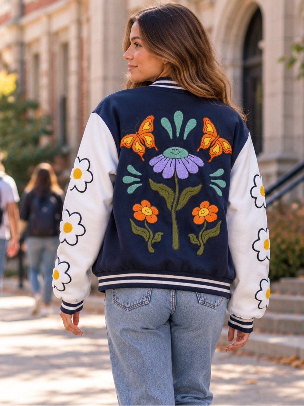 PacSun Dancing Flowers Varsity Jacket M/L Navy White Butterfly Embroidered